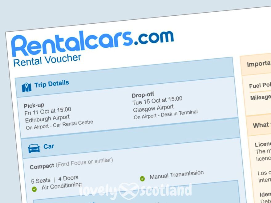 Car rental booking confirmation for Edinburgh Airport pickup and Glasgow Airport drop off