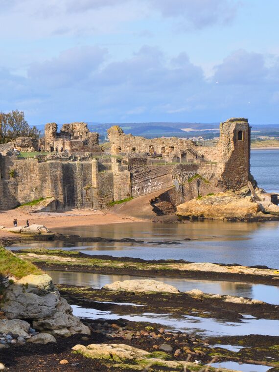Ruins of St Andrews Castle with the sea in the background